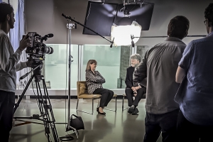 Donna Strickland with Mike Campbell filming Wired episode