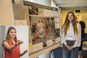 Katelyn Cook at 2019 Omega Laser Users Group meeting with her poster; the inset shows her speaking