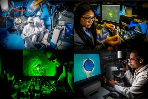 Max Neiderbach and Michael Sharpe in protective gear (upper left), Michele Lin (upper right) displaying a piece of a unique plastic, Ji-Mi Jang (lower left) using a green laser, George Morcos (lower right) looking under a crossed polarizer