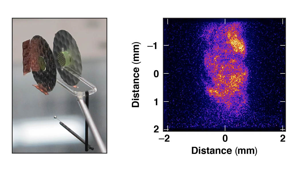 TDYNO target (left) and x-ray image of the turbulent plasma (right).