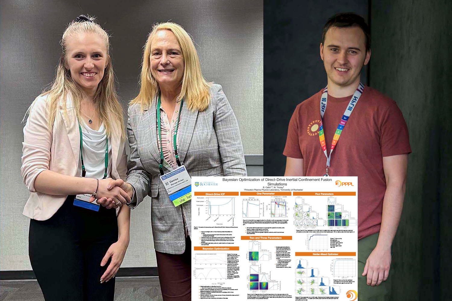 To the left is a photo of Brittany Callin shaking hands with Denise Hinkel. On right is a photo of Will Trickey. In foreground is image of Brittany Callin's poster entitled Bayesian Optimization of Direct-Drive Inertial Confinement Fusion Simulations.