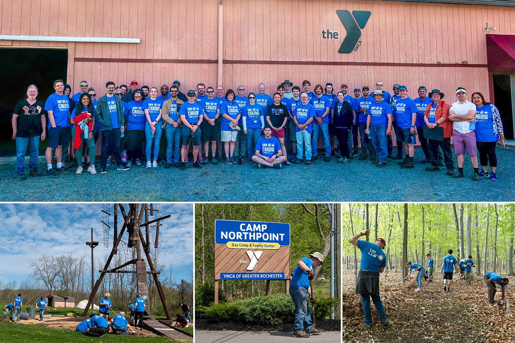 Group photo of Day of Caring participants on top with employees working shown beneath.