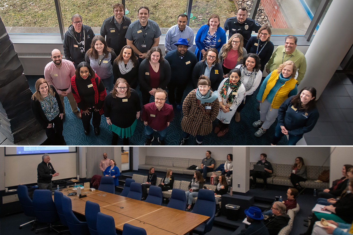 A group photo of the Genesee Staff Council members on top, and a photo of the council in a meeting on the bottom.
