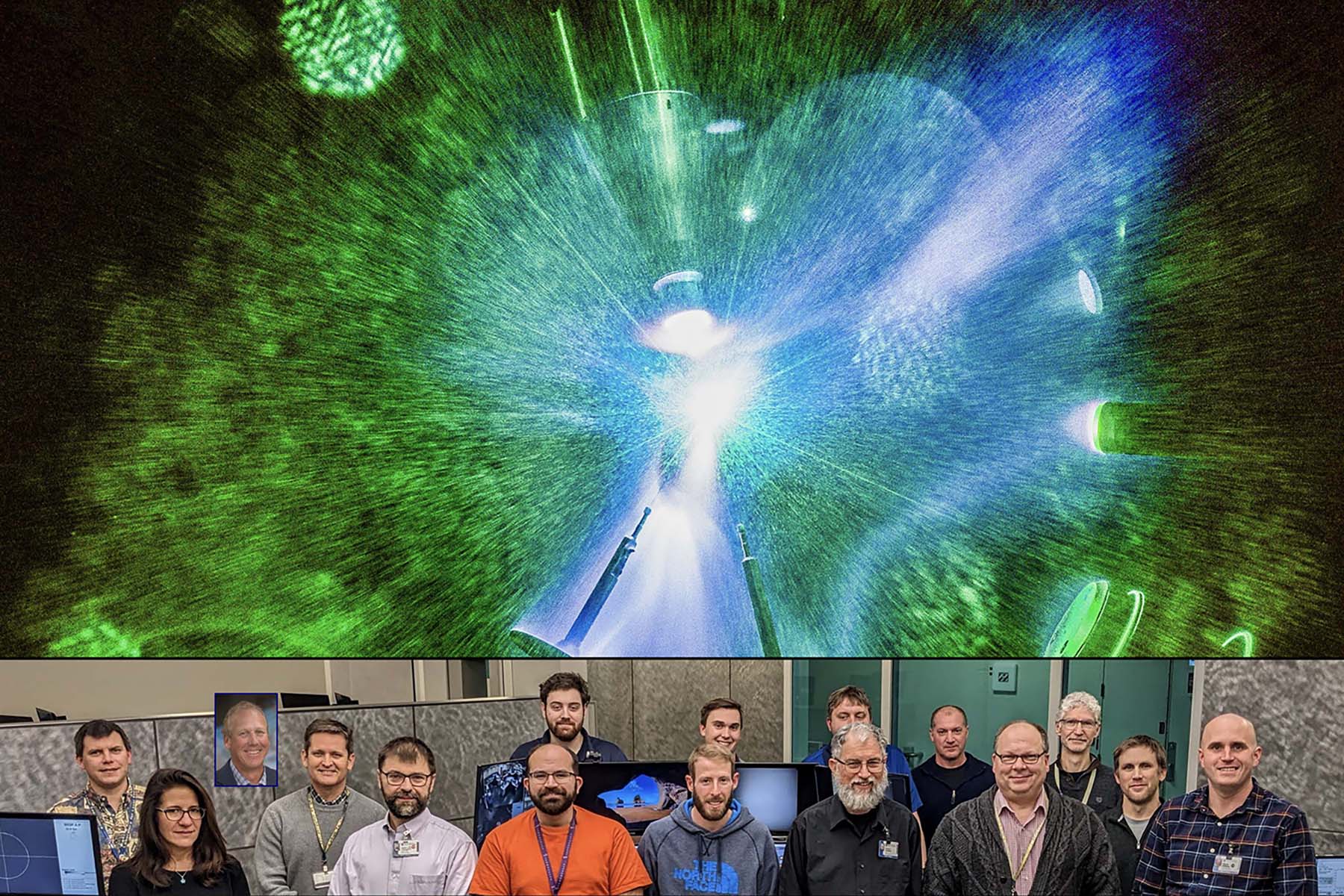 Target shot of laser on the top with a group photo on the bottom.