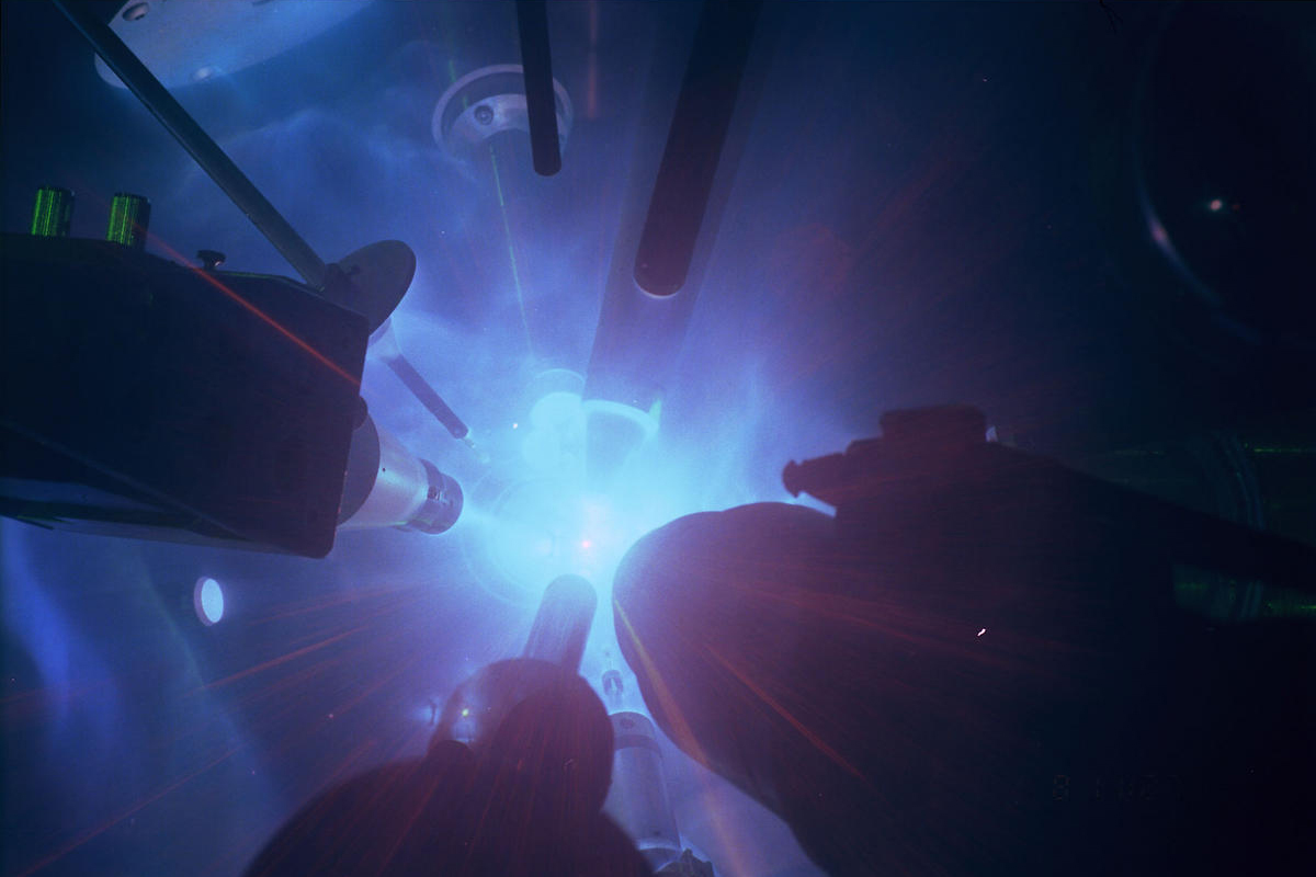 Internal view of the OMEGA Laser's target chamber during a target shot