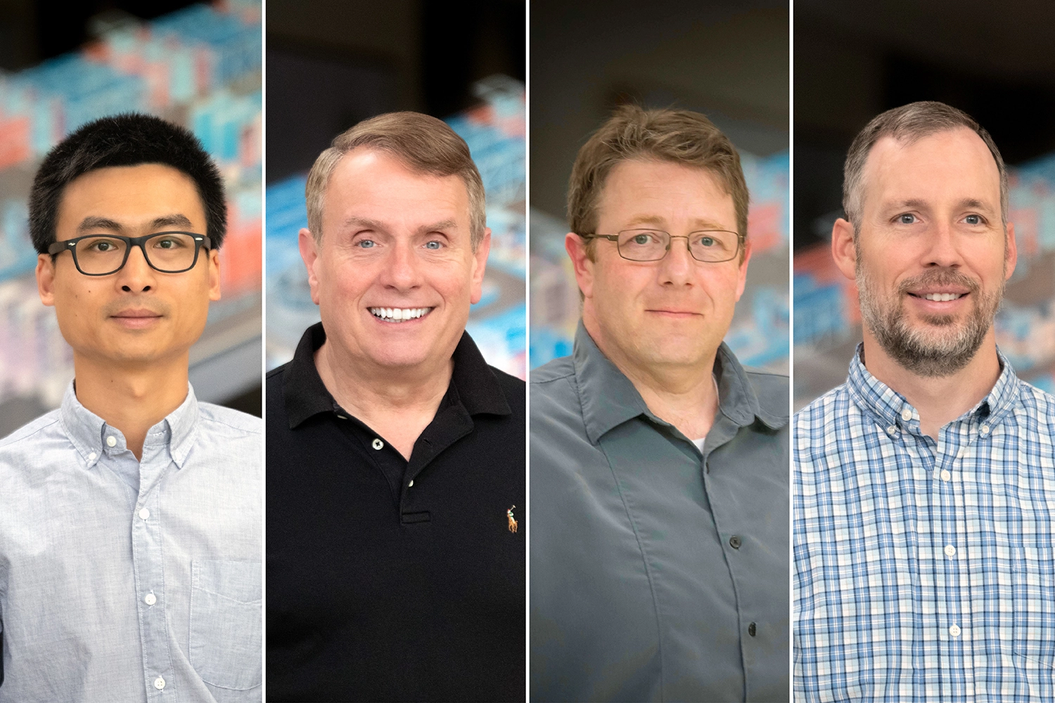 Photo of four LLE Researchers named Optica Senior Members: Chengyong Feng, Mark Meyers, Erik Power, and Benjamin Webb.
