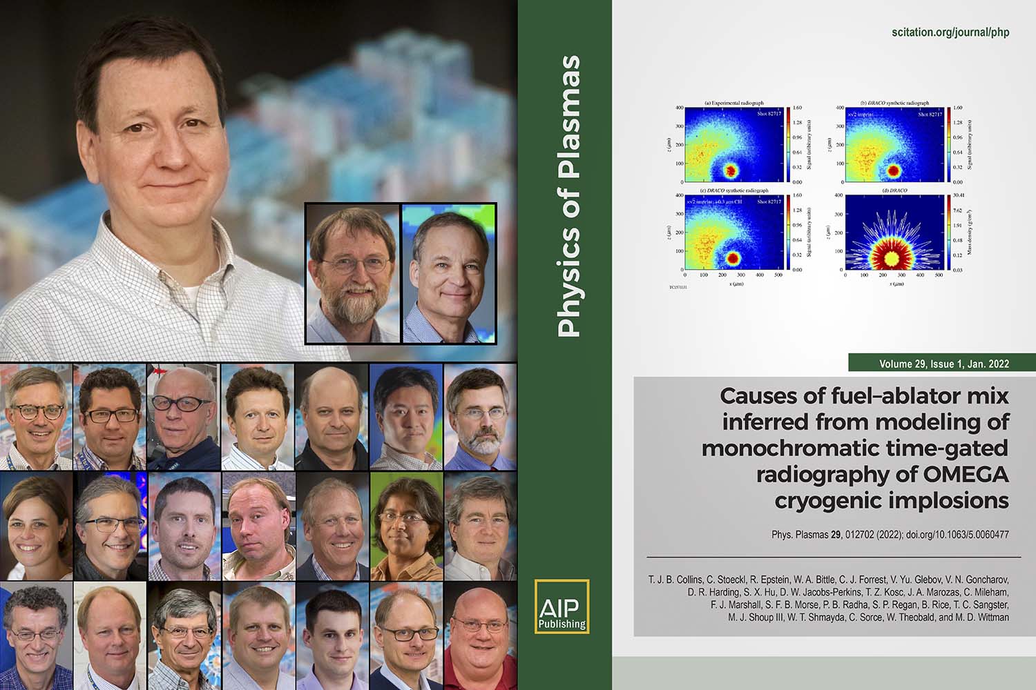 Tim Collins and coauthors, left, Cover of Physics of Plasmas Volum 29, Issue 1, Jan 2022, right.
