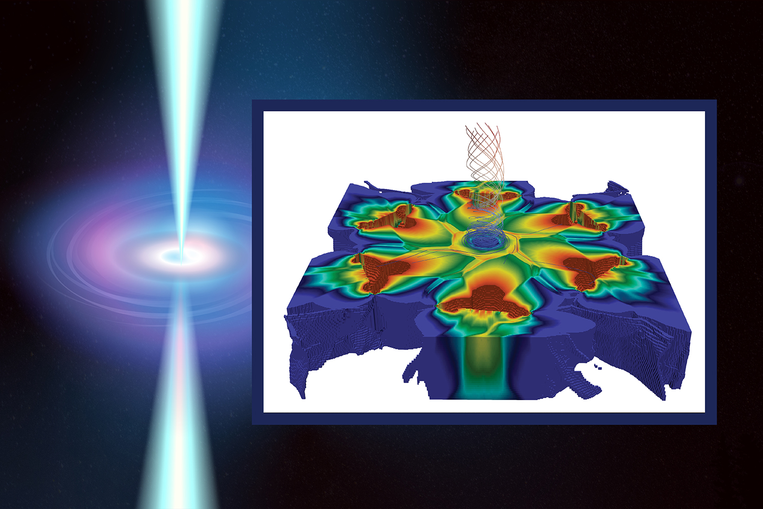 Feature image An artistic depiction of an accretion disk and an image of a simulation.