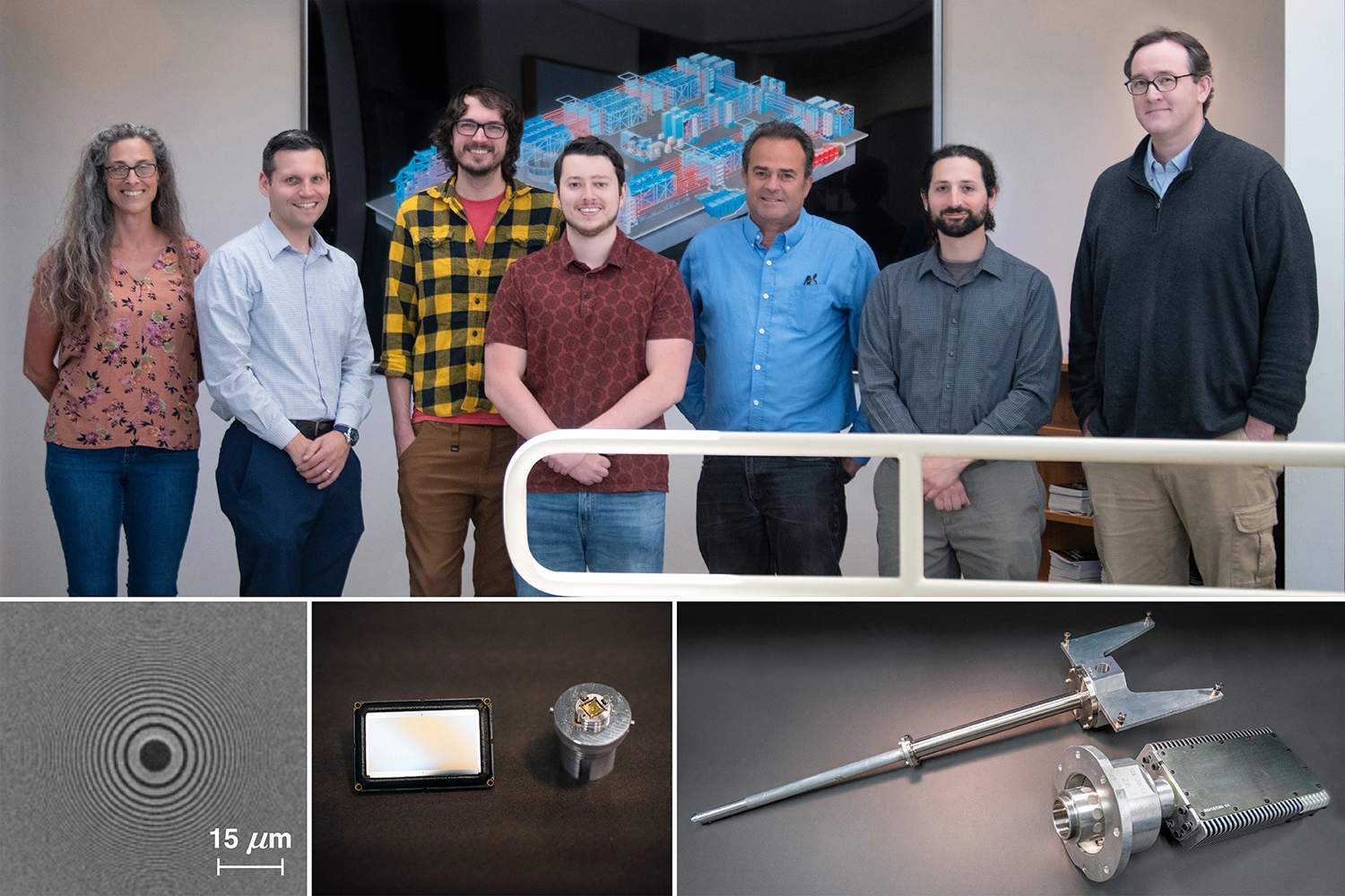 Research team group photo on top with Fresnel zone plate below left and x-ray pinhole camera chassis below right.