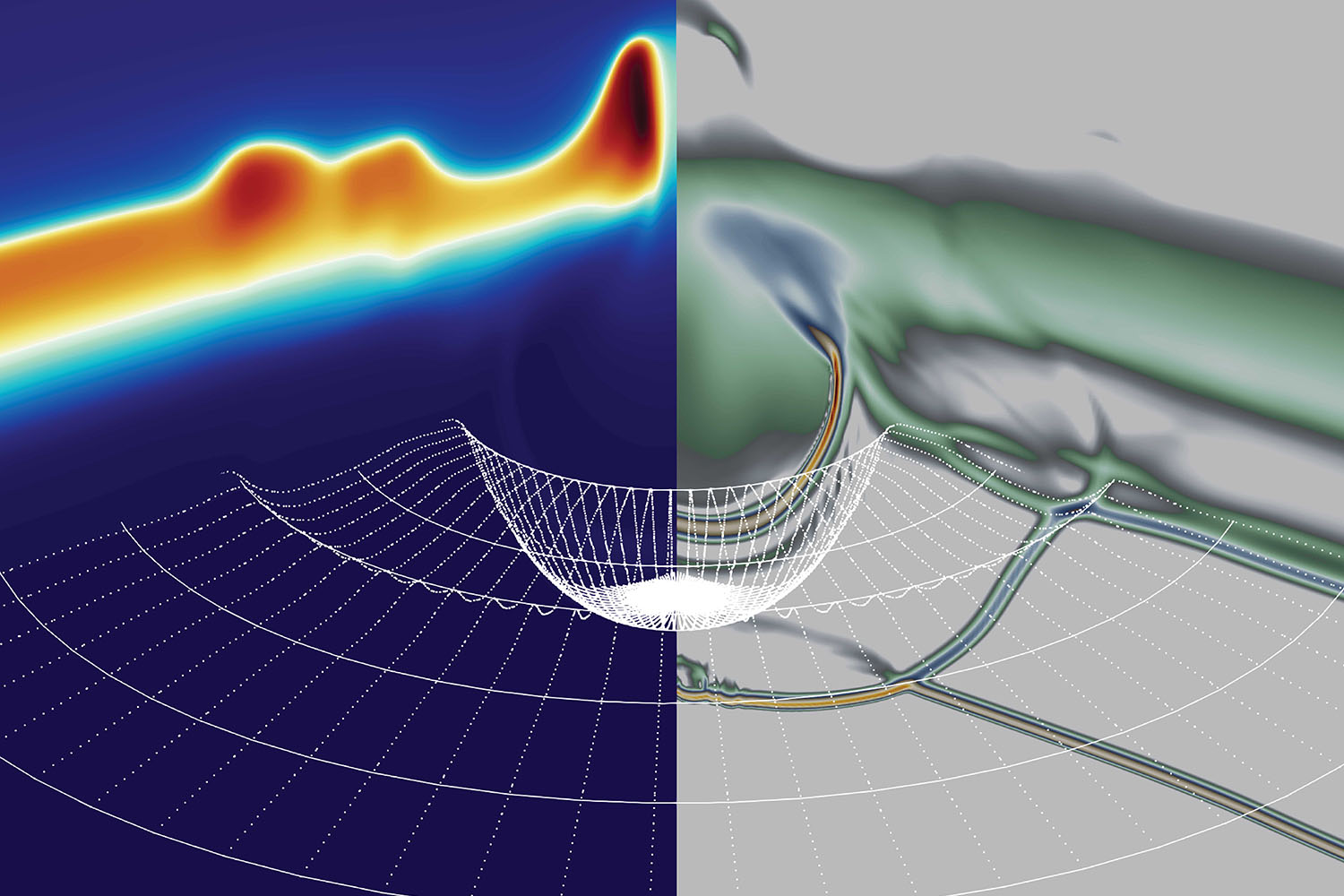 Feature image Computer simulation image with primarily blue image on the left and gray/green on the right, with a white.