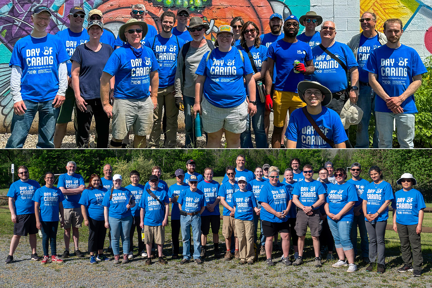 Composite of two group photos of LLE volunteers (top and bottom) wearing blue Day of Caring tee shirts.