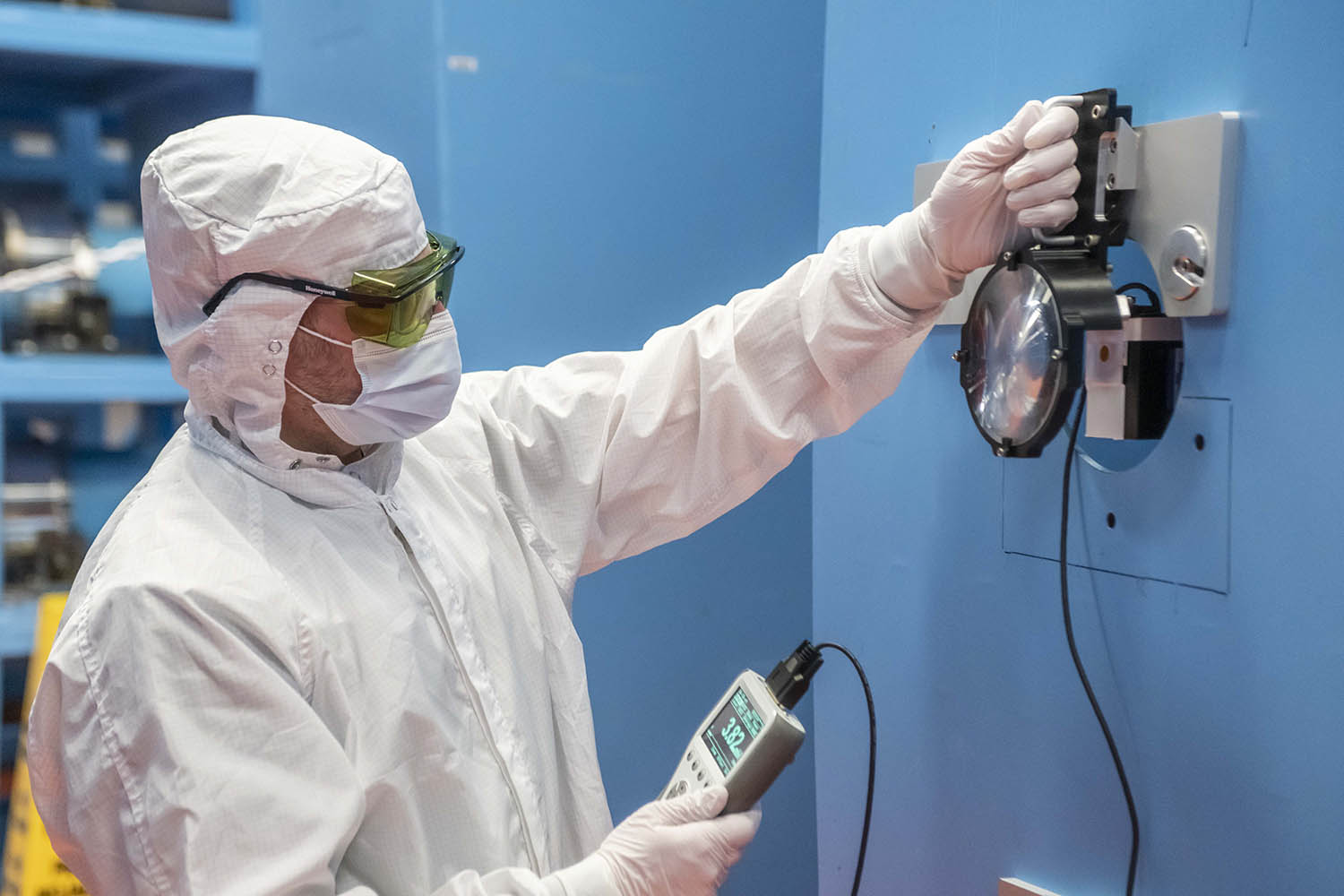 Project manager Brian Ehrich positioning the IR-OTIS at the OMEGA C-Amp input.