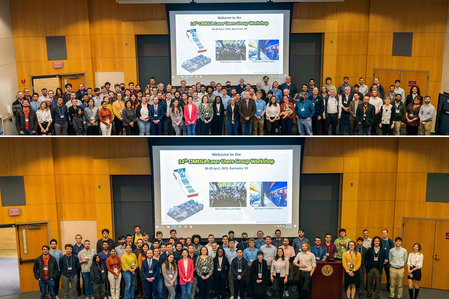 Fourteenth Omega Facility Users Group Workshop attendees shown in two group photos.