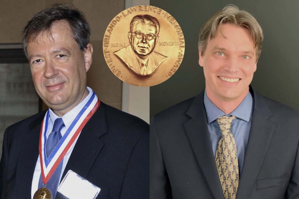 Photo portrait of Riccardo Betti on left and Dustin Froula on right with Ernest Orlando Lawrence Memorial Award in the center.