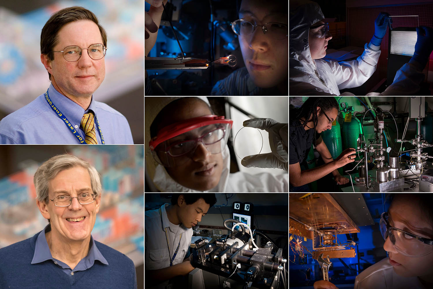 Collage of eight photos in a three column spread. Left column shows two portraits of professors. Center and right columns are splint into six photos with students in a lab setting working on equipment.