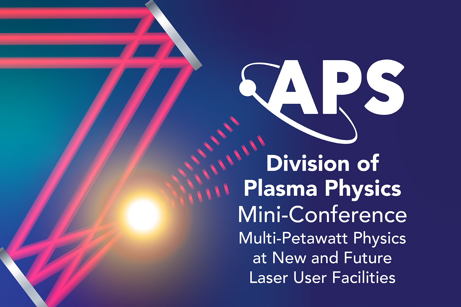 Blue background with a vector image on the left depicting lasers reflecting off two mirrors and hitting a target. to the right is text in white for the APS Division of Plasma Physics Mini-Conference Multi-Petawatt Physics at New and Future Laser User Facilities.