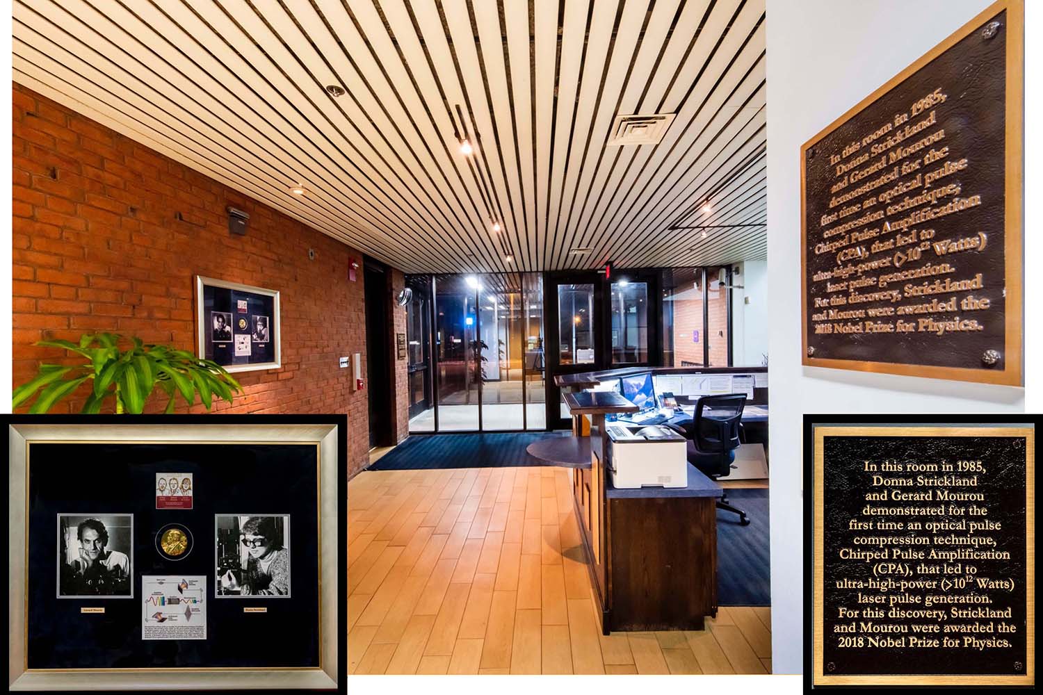 Two plaques recognizing the 2018 Nobel Prize in physics are hung in the LLE Lobby.