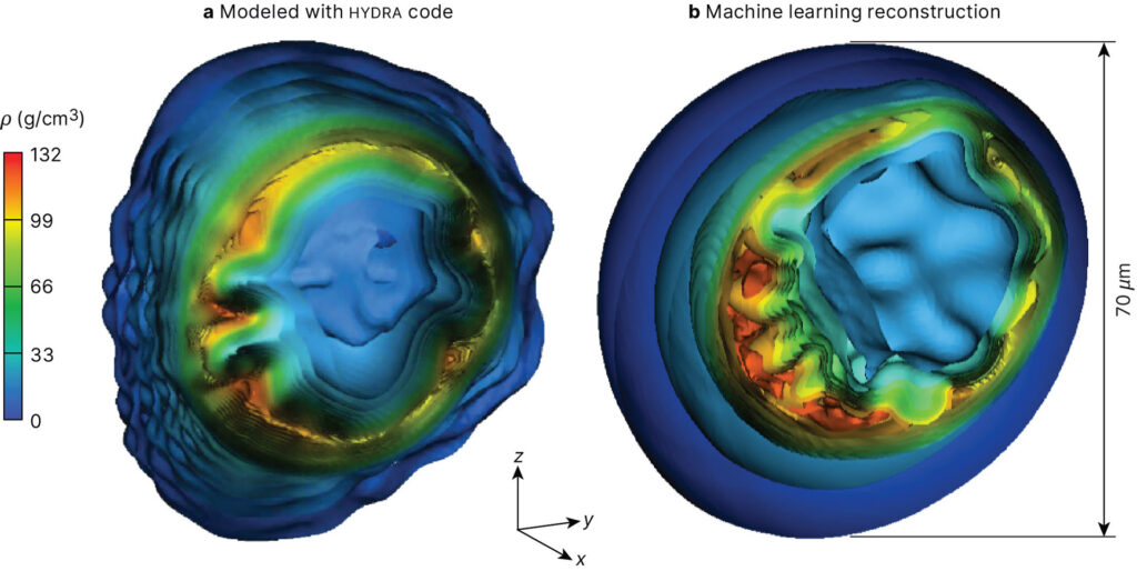Two three-dimensional computer simulation images. The one on the left shows 3D HYDRA and is roughtly a sphere but is very wavy. The one on the right is a 3D ML reconstruction and the image is much more spherical. The height is 70 microns.