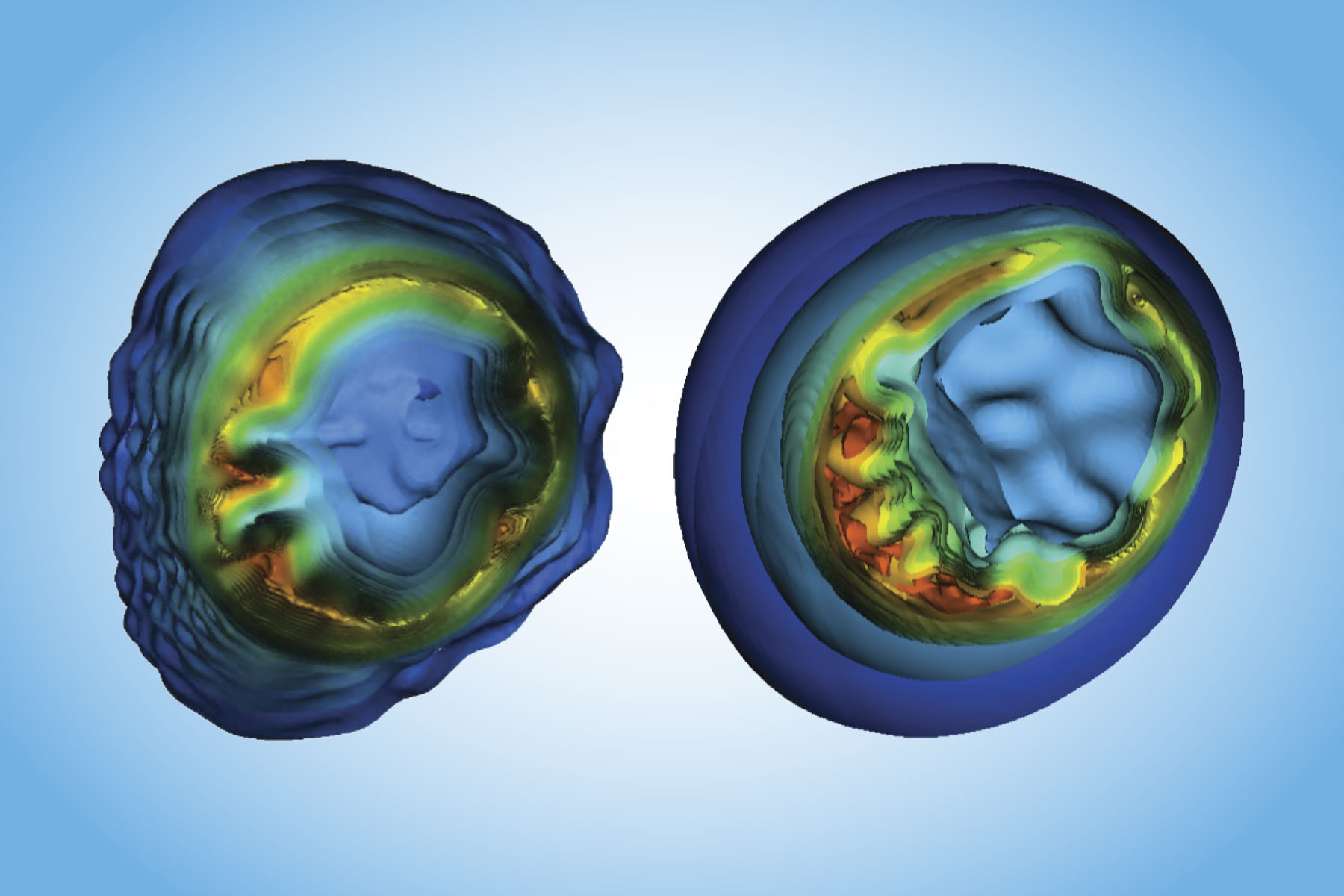 Two computer simluations side by side with the one on the left showing wrinkles and the one on the right smoothed out.
