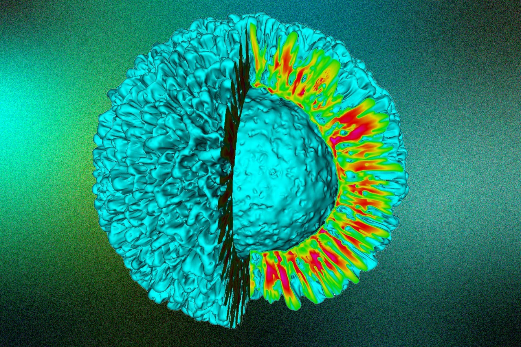 Computer simulation showing the cutaway of a sphnere.