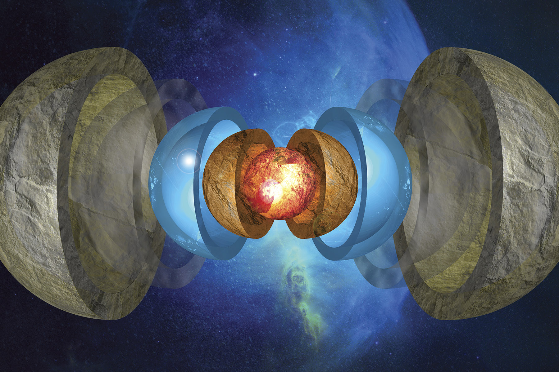 Cross-section of a planet showing layers from a fiery core to the outer mantle.