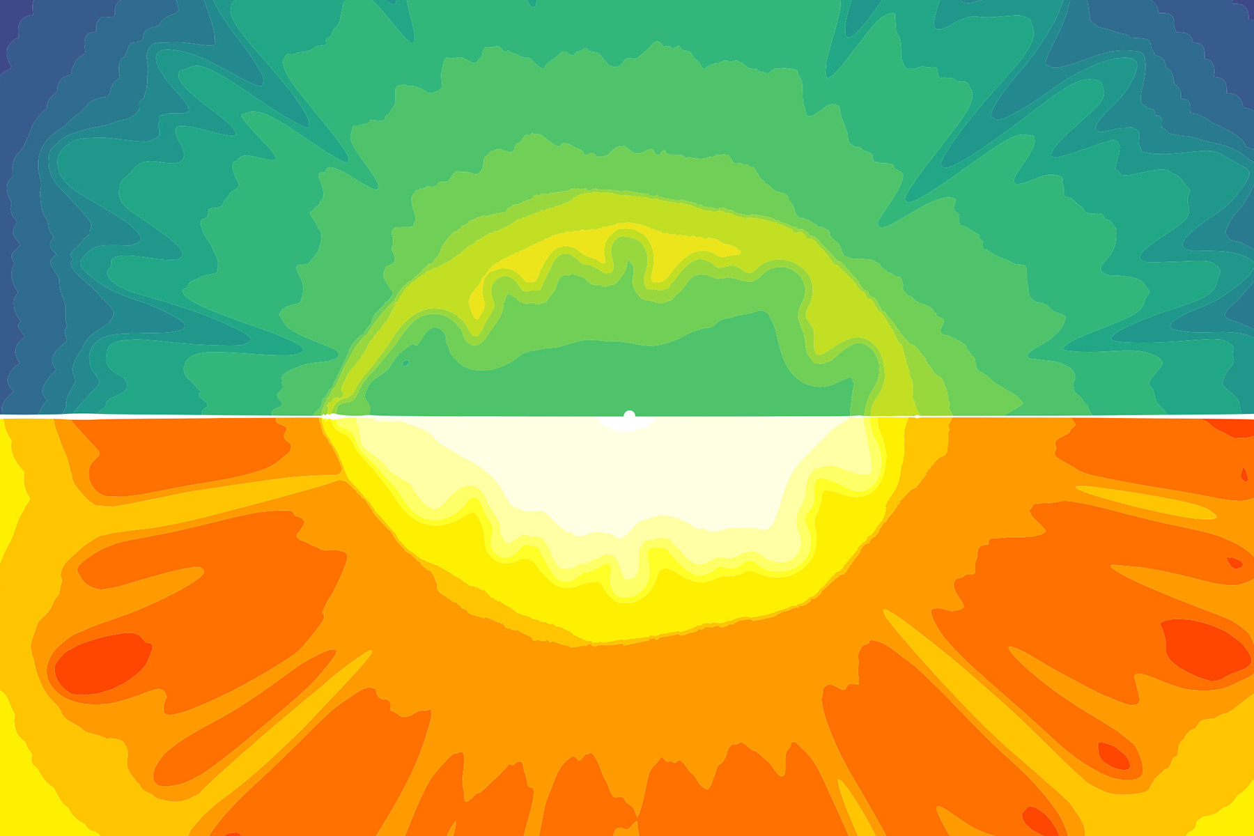 A colorful computer simulation split in half vertically.