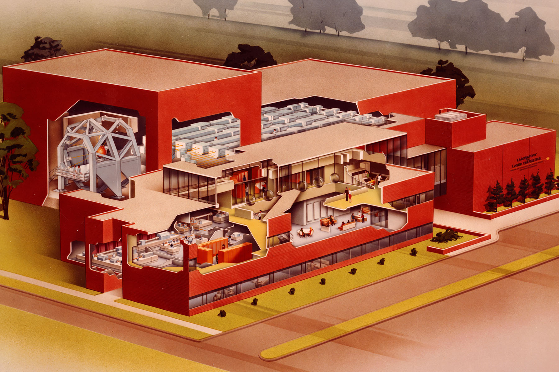Cutaway illustration of a laser research facility building showing interior rooms, beamlines, equipment, and infrastructure.