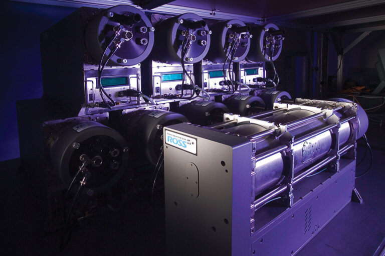 Optical equipment in a darkened room.