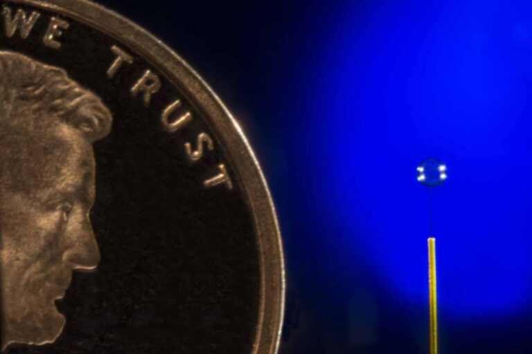 Close-up of a target mounting stalks next to the edge of a US penny (for scale) against a deep blue background..