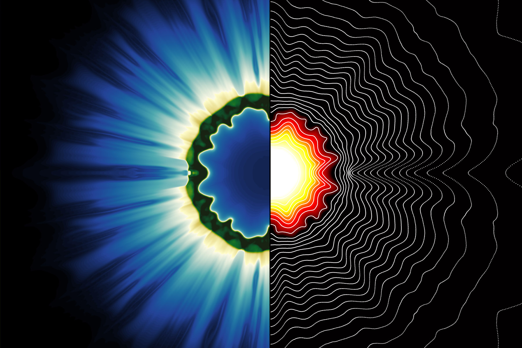 Digital simulation in two distinct left and right halves.