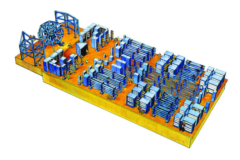 Drawing showing a three-dimensional footprint of the proposed OMEGA 60 laser bays and target chamber.