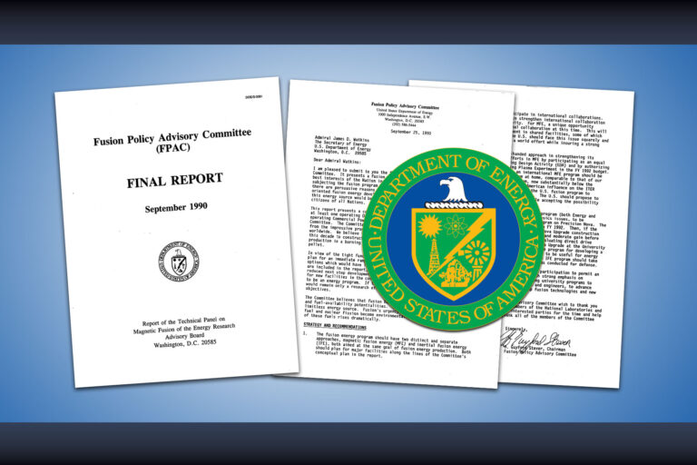 Three pages of the Fusion Policy Advisory Committee (FPAC) Final Report with an overlay of the United States Department of Energy logo.