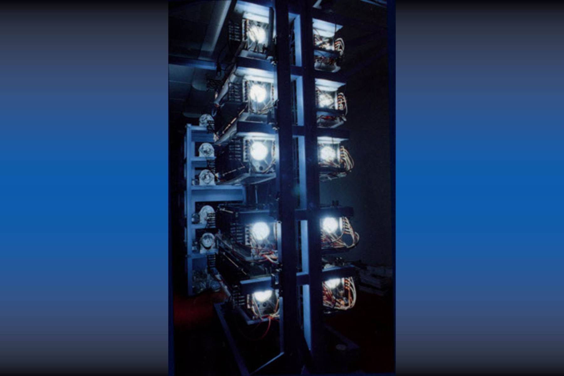 Cluster of 15-cm disk amplifiers undergoing test firing.