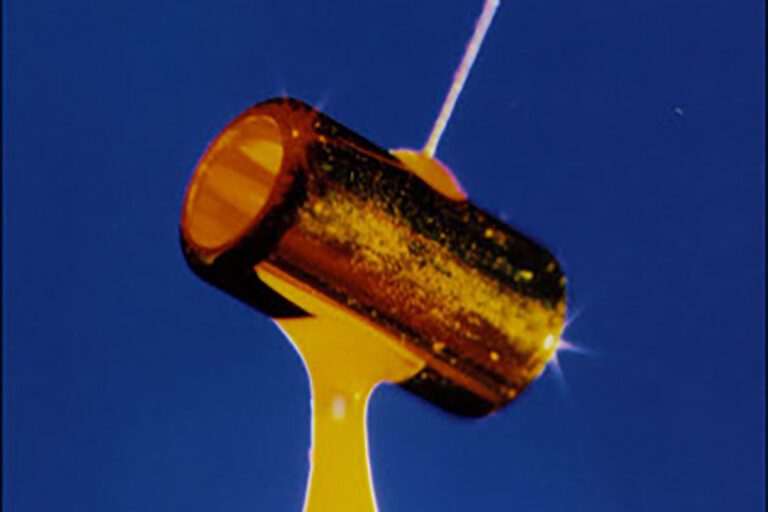 Magnified image of a Hohlraum target, showcasing a bronze-gold cylindrical structure connected to a delicate fiducial.