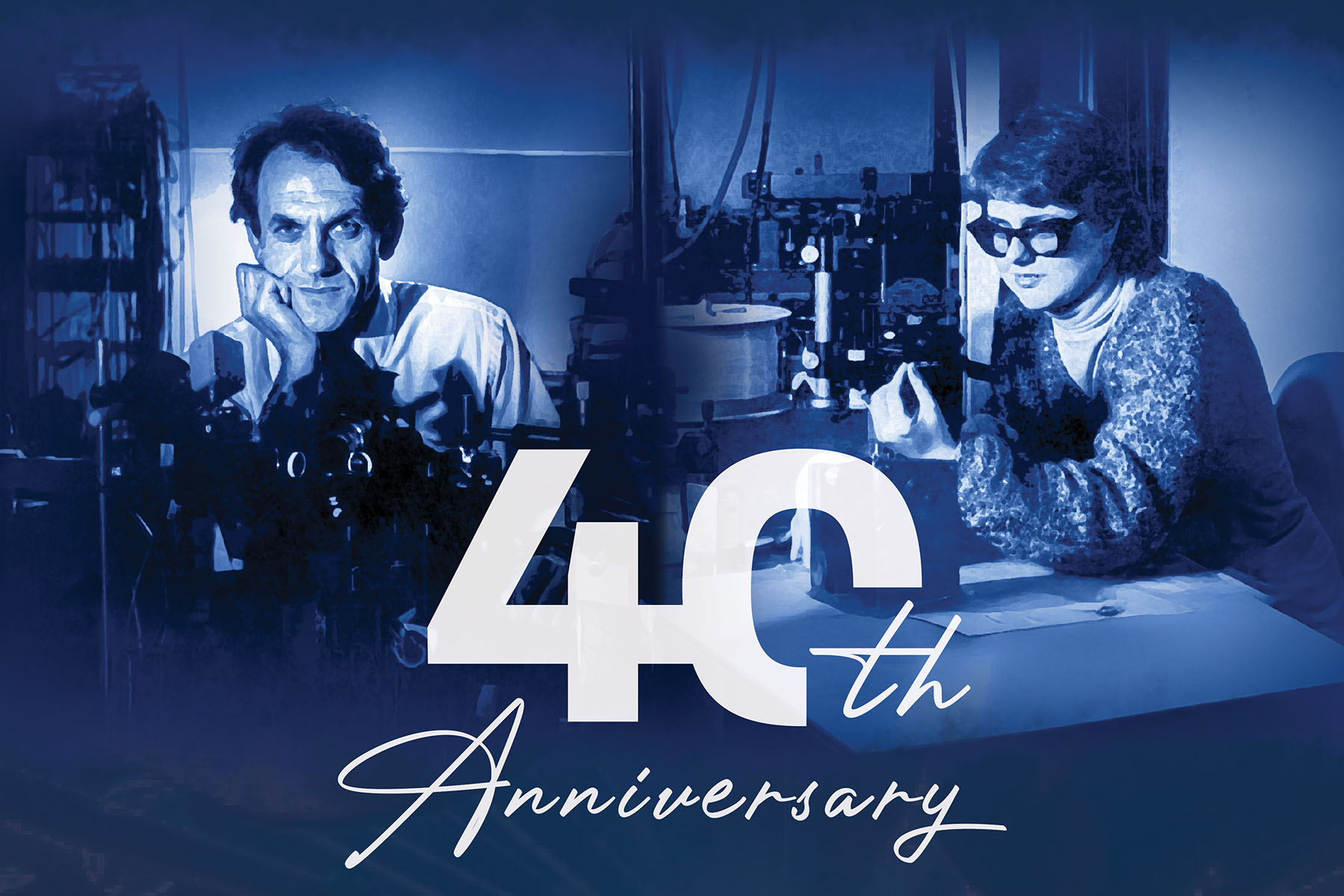 Blue-toned watercolor image of Gérard Mourou and Donna Strickland.