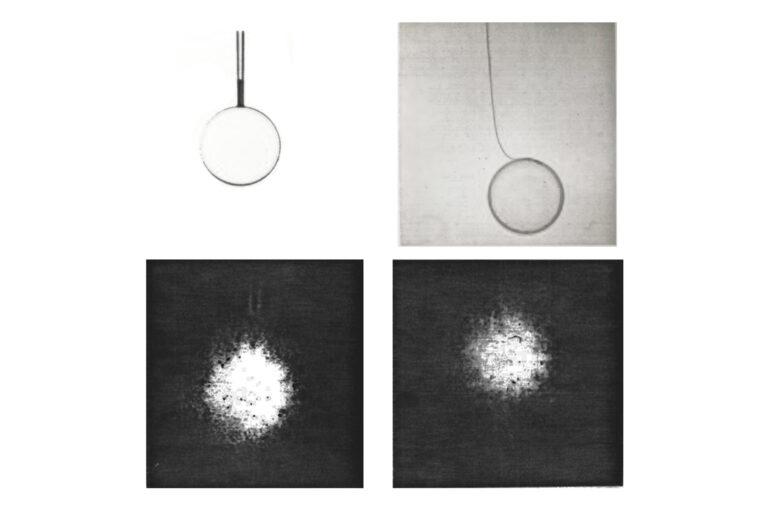 Four-panel scientific figure showing schematic diagrams of a circular target and corresponding experimental images of bright, star-shaped emission patterns.