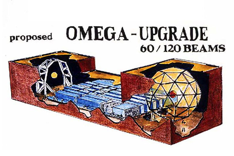 Drawing depicting how the spherical shaped laser target chamber and laser bays will be built inside the current LLE building.