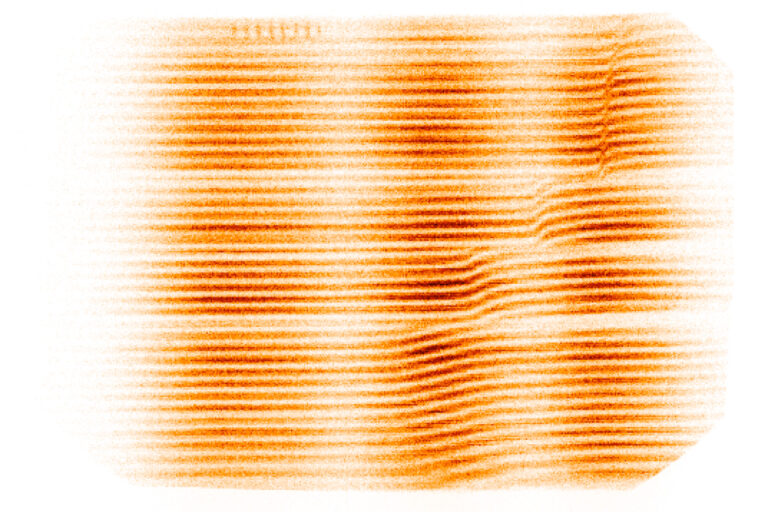 Scientific visualization showing horizontal wave-like contours in orange and white, resembling a density or interferometry pattern.