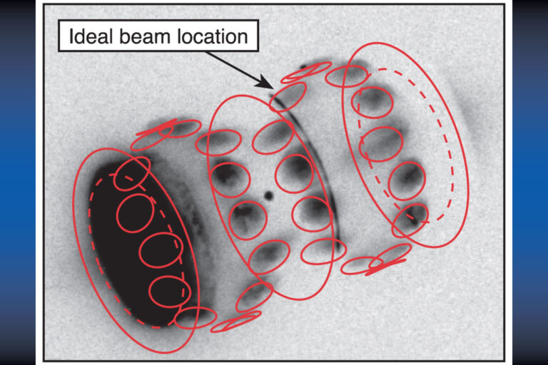 Multiple gray scale areas on a cylinder shaped target. An arrow points to the idea beam location.