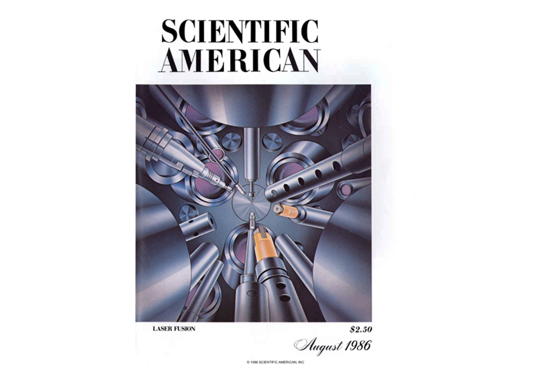 Scientific American magazine cover from August 1986 featuring an artistic interior view of a laser or fusion target chamber.