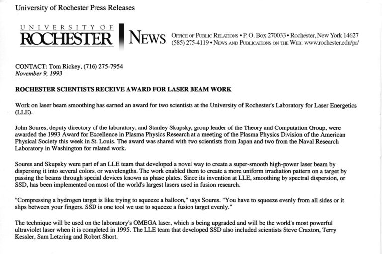 A picture of the UR Press Release from November 9, 1993 announces, 