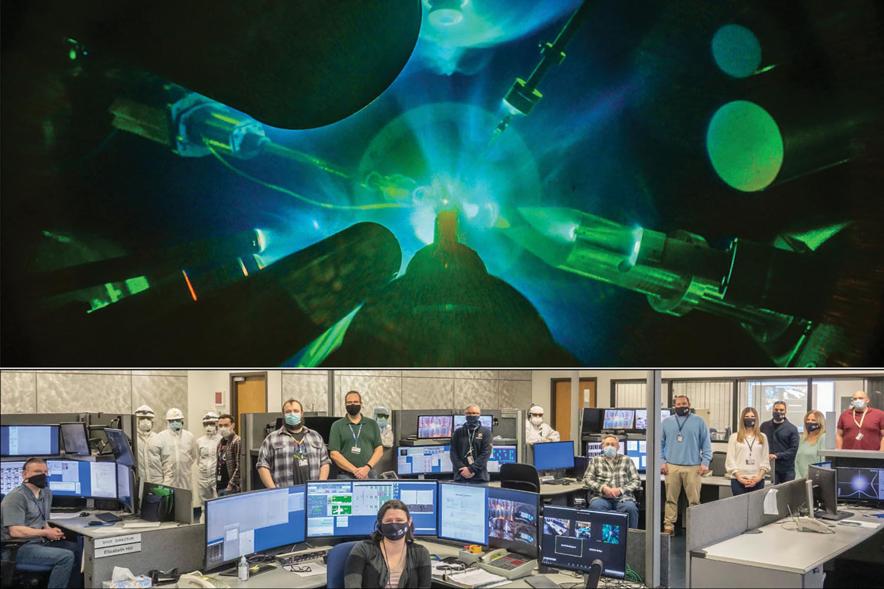 Top photo is a laser experiment viewed from inside the chamber, with several beamline ports aimed toward a bright central plasma. Bottom photo shows a group of scientists gathered around computer equipment in a laser facility control room.
