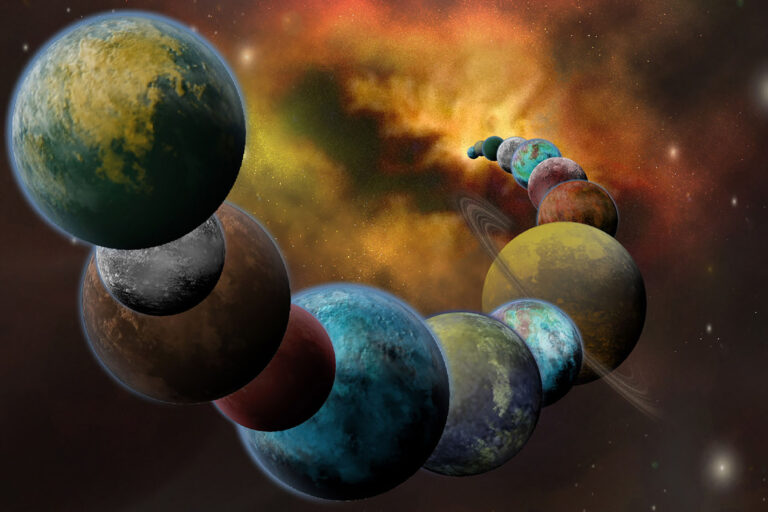 Artistic illustration of a chain of diverse exoplanets extending into a colorful cosmic nebula.
