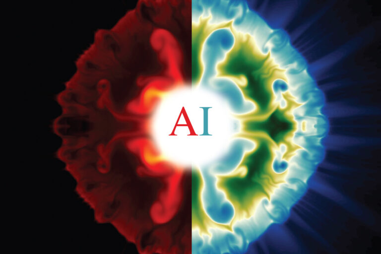 Symmetrical visualization of a high-energy plasma explosion, with red on one side, green-blue on the other, and the letters ‘AI’ at the center.