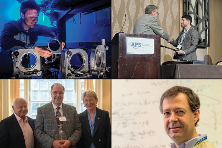A collage of four pictures. Researcher handling lab equipment in top left. Top right shows two people shaking hands as one is receiving an award. Bottom left shows three people posing for photograph. Bottom right shows portrait of a person in front of a whiteboard with equations..