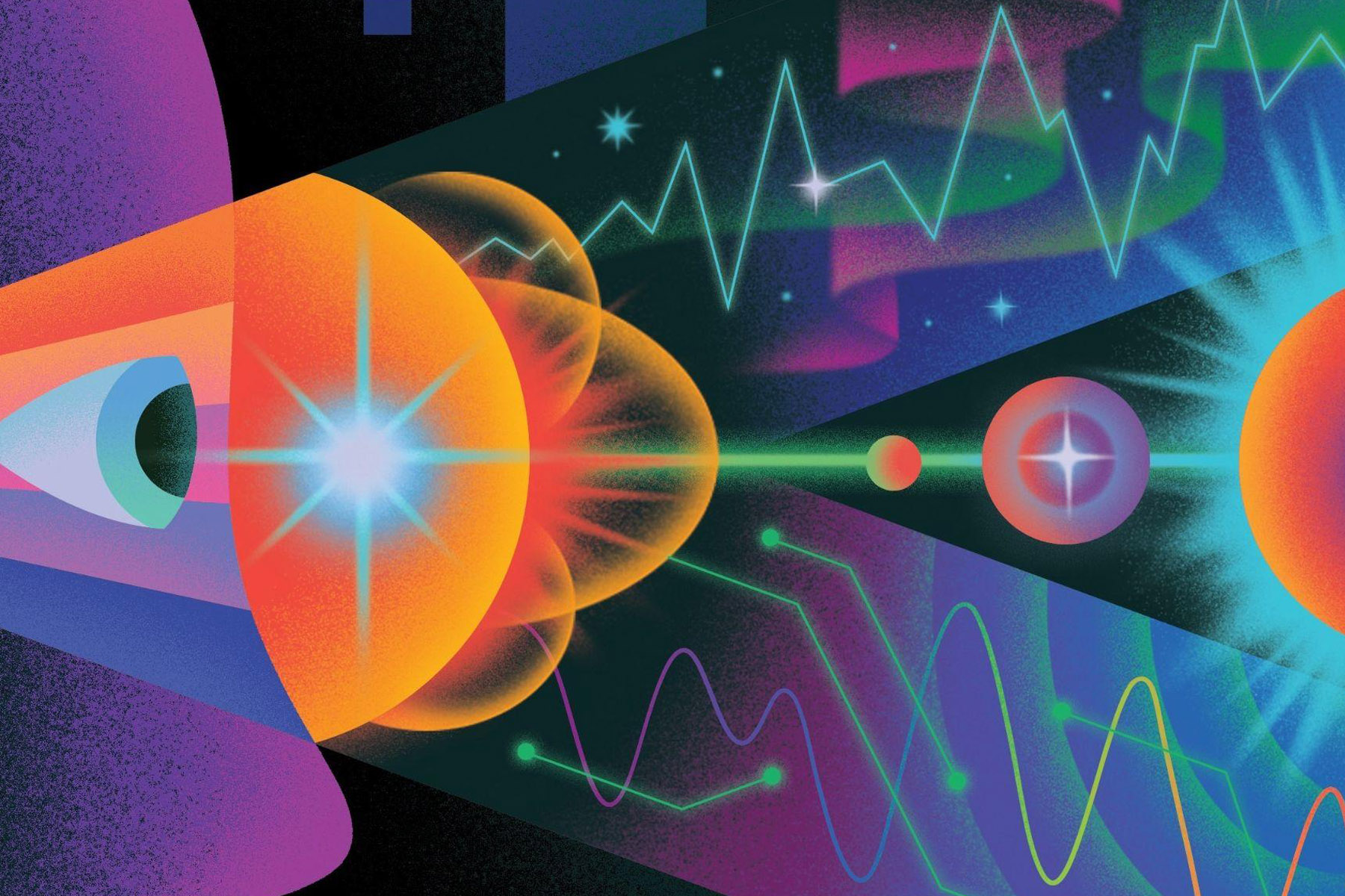 Abstract illustration of an eye projecting a beam of light through glowing spheres and waveforms.