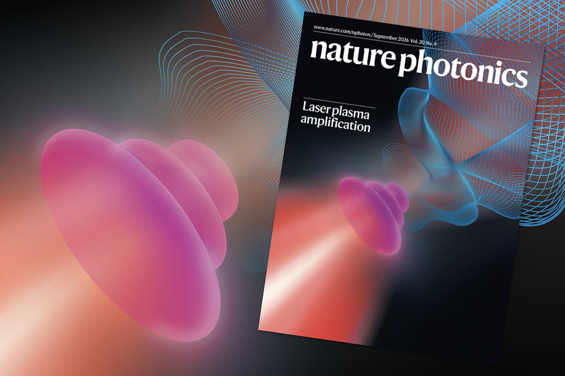 Illustration of laser-plasma amplification: a blue plasma wave transfers energy from a red pump laser to a glowing pink seed laser against a dark background.