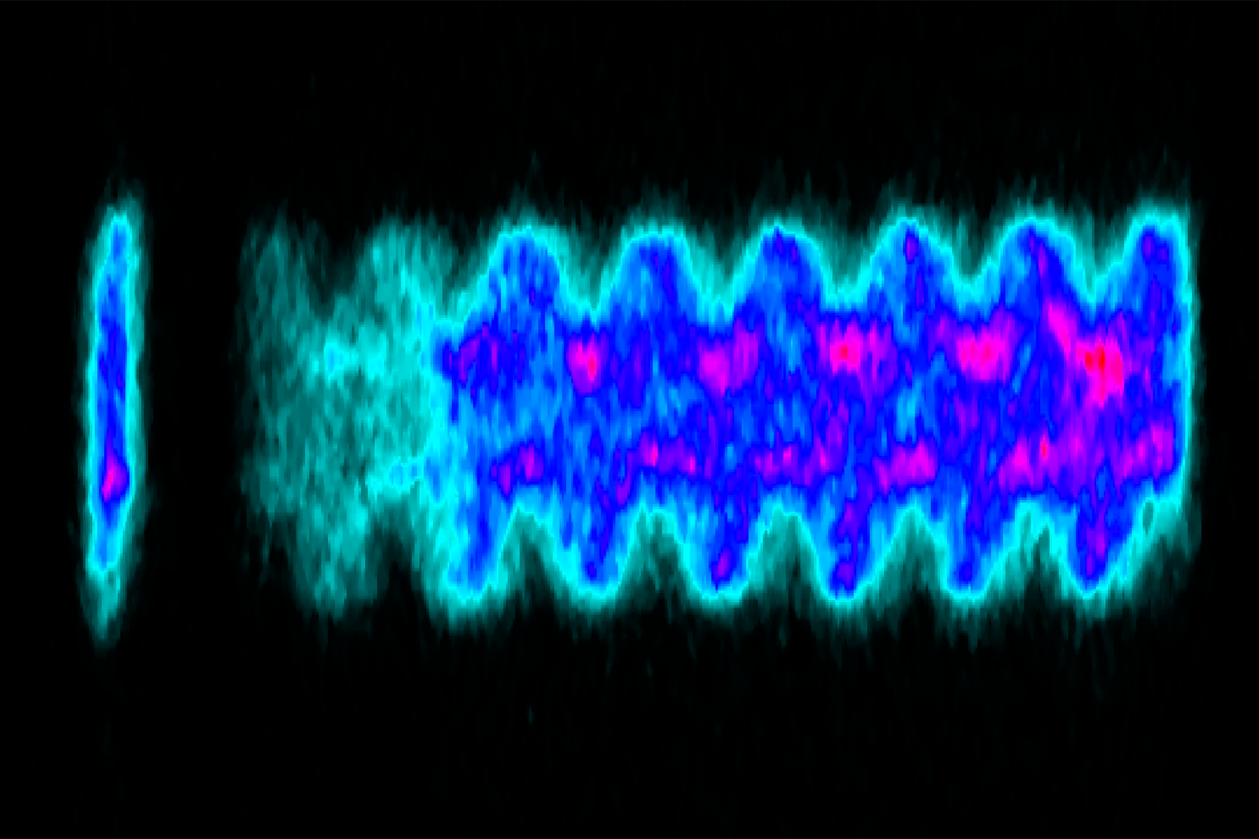 Streaked spectrometer image showing the ripple-like pattern produced by SSD wavelength modulation (wavelength versus time, with color indicating intensity).