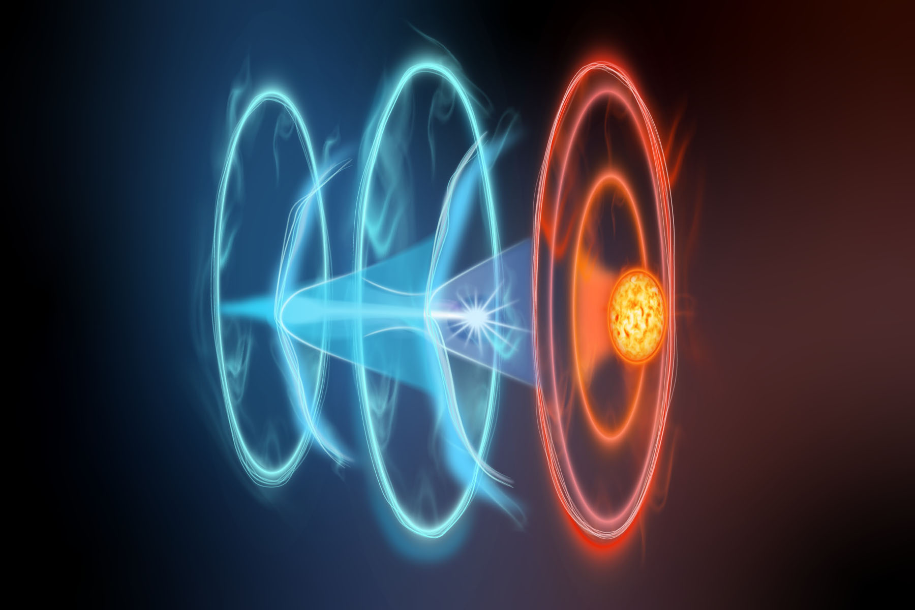 Artistic interpretation of Flying Focus, two blue rings and an orange ring with waves of blue and orange.