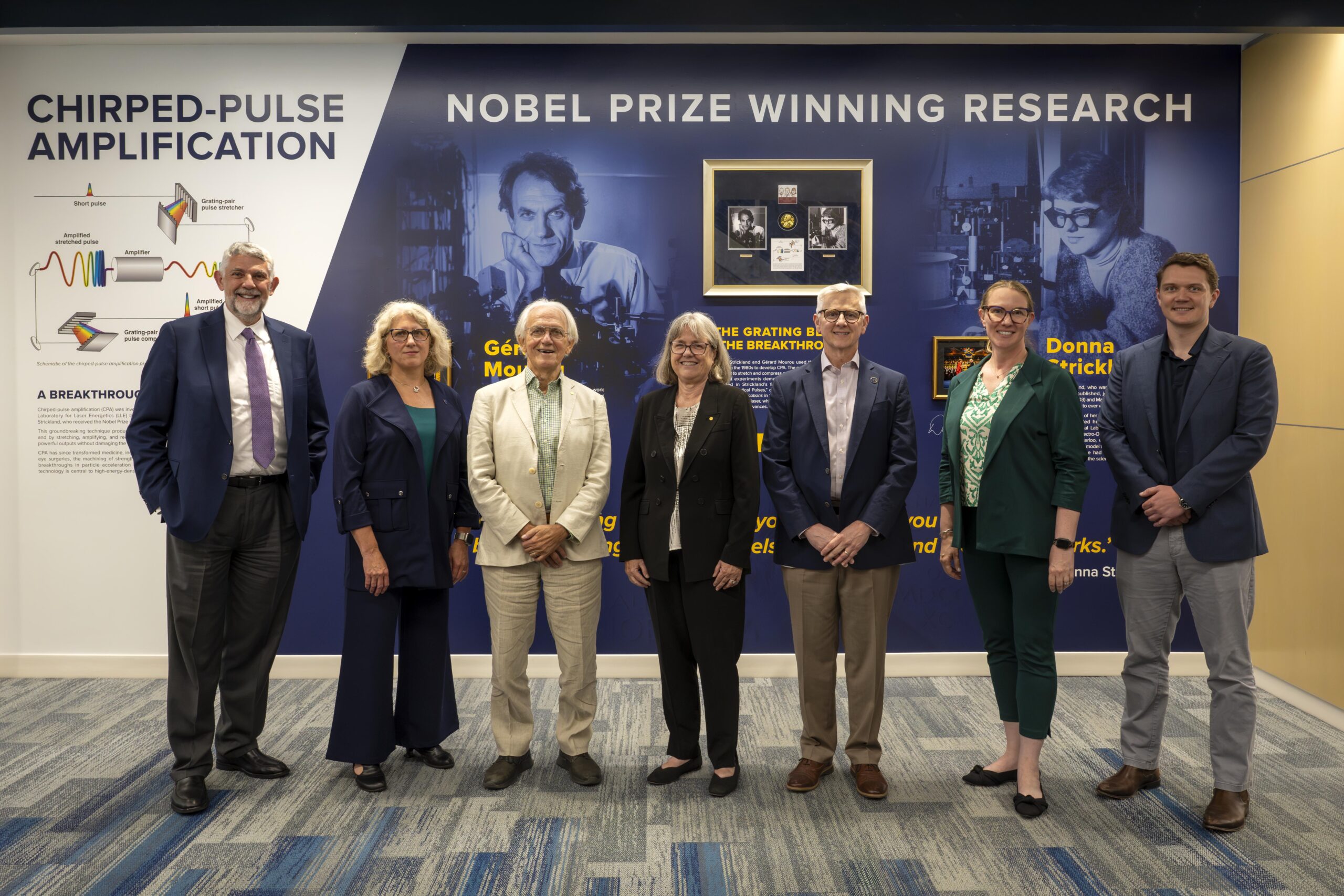 Group photo in front of Nobel Prize Winning Research mural in the LLE's Atrium.